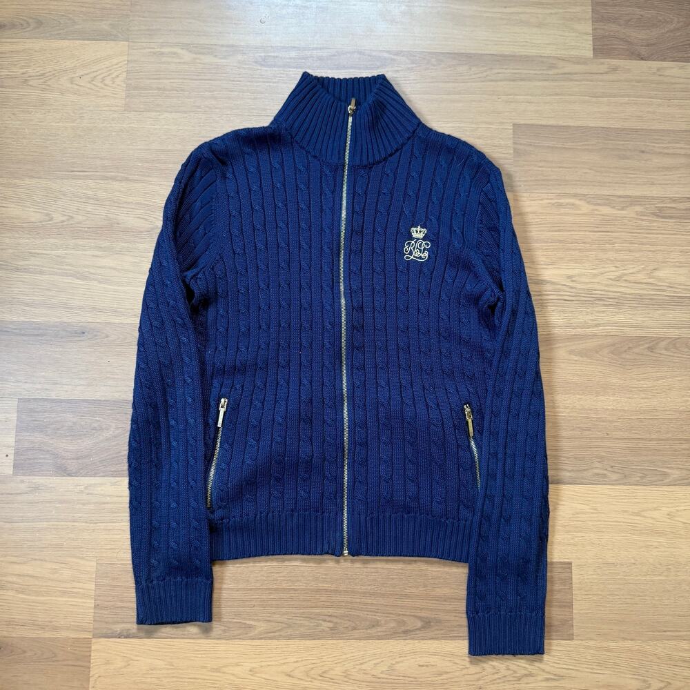 Women's Lauren Ralph Lauren Navy Blue Gold Cable Knit Zip Up Sweater Sz Medium